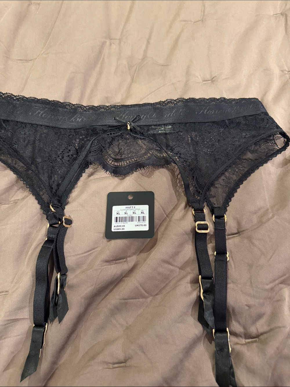 Honey Birdette Sofia Black Lace Garter Belt with Gold Hardware by